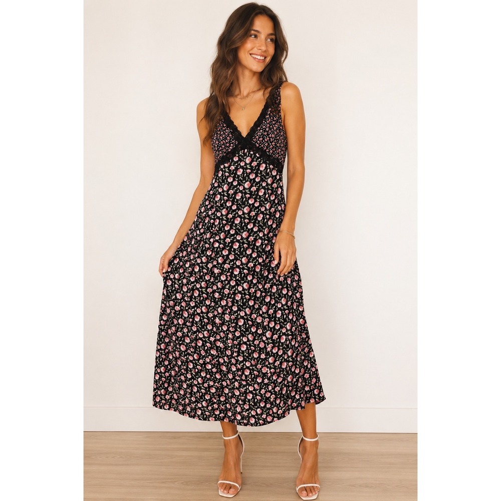 KITTENISH Floral Lace Trim Midi Dress Black Pink Cottagecore Grunge Size M Fairy